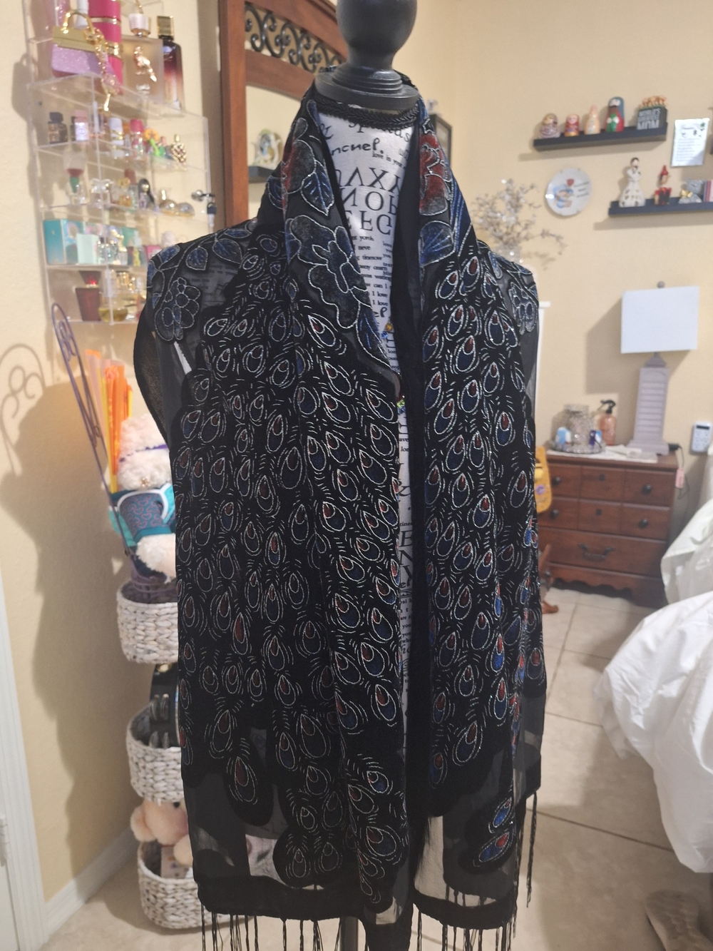 Elegant Black Sheer Scarf with Multicolor Peacock Embroidery